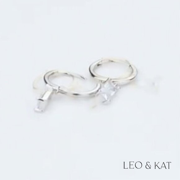 Baguette Zircon Dangle Huggie Earrings Gold & Silver. 925 Sterling Silver #1040 - Picture 6 of 6